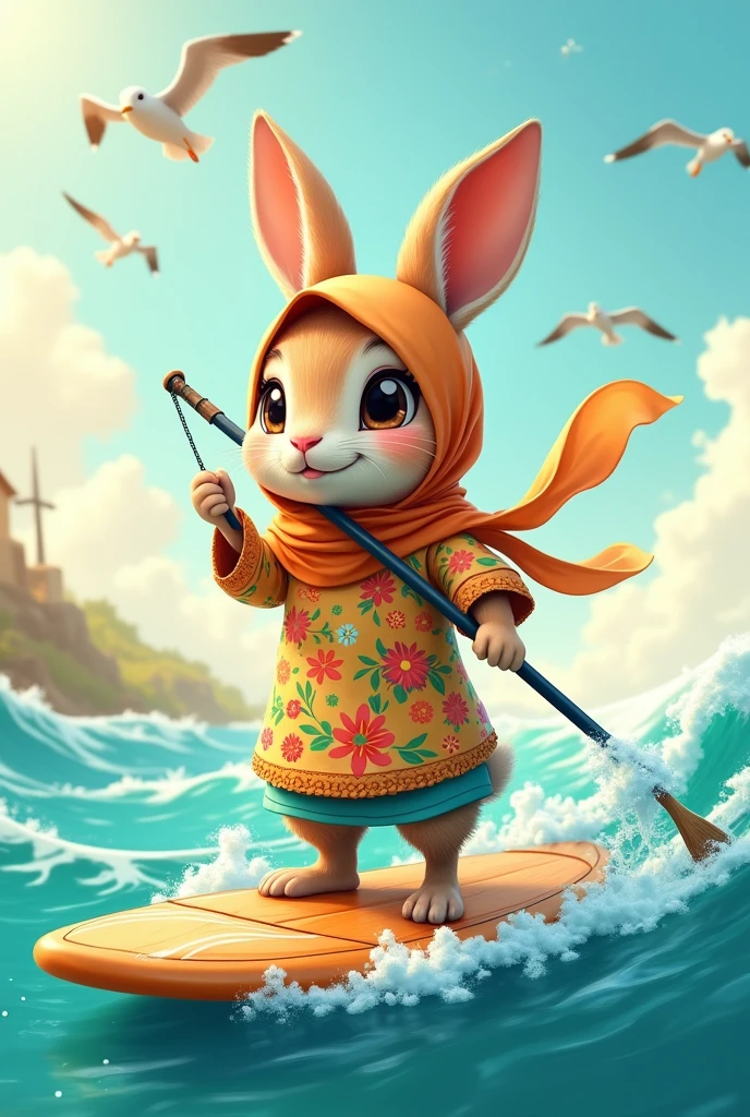 A little rabbit wearing a hijab
Is a cute cartoon character
Wearing beautiful Islamic clothes
Riding a SUP board
Holding a SUP paddle in the sea