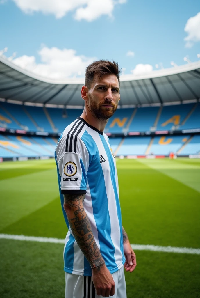 Football ground without any palyer acept Lionel Messi. Messi is in front of camera 
