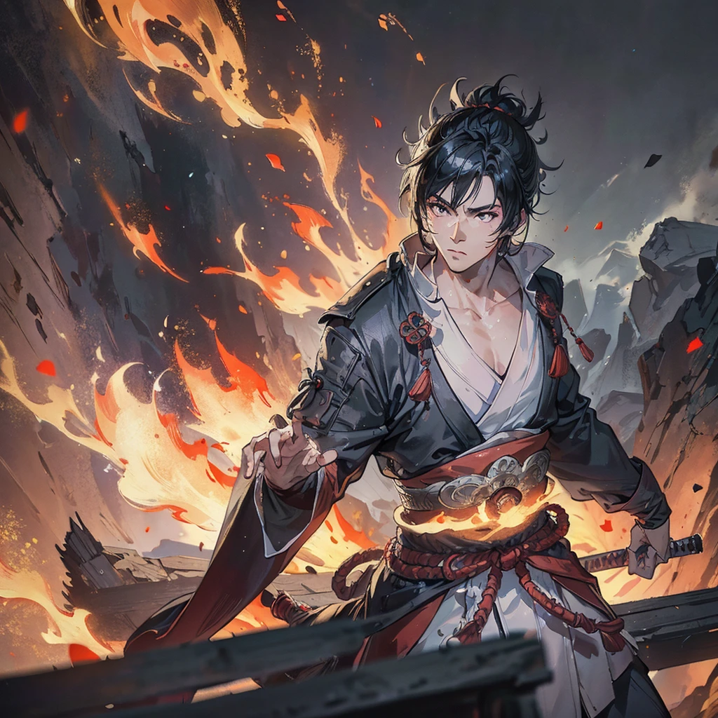 handsome samurai, 8k, hd, unreal engine, fire