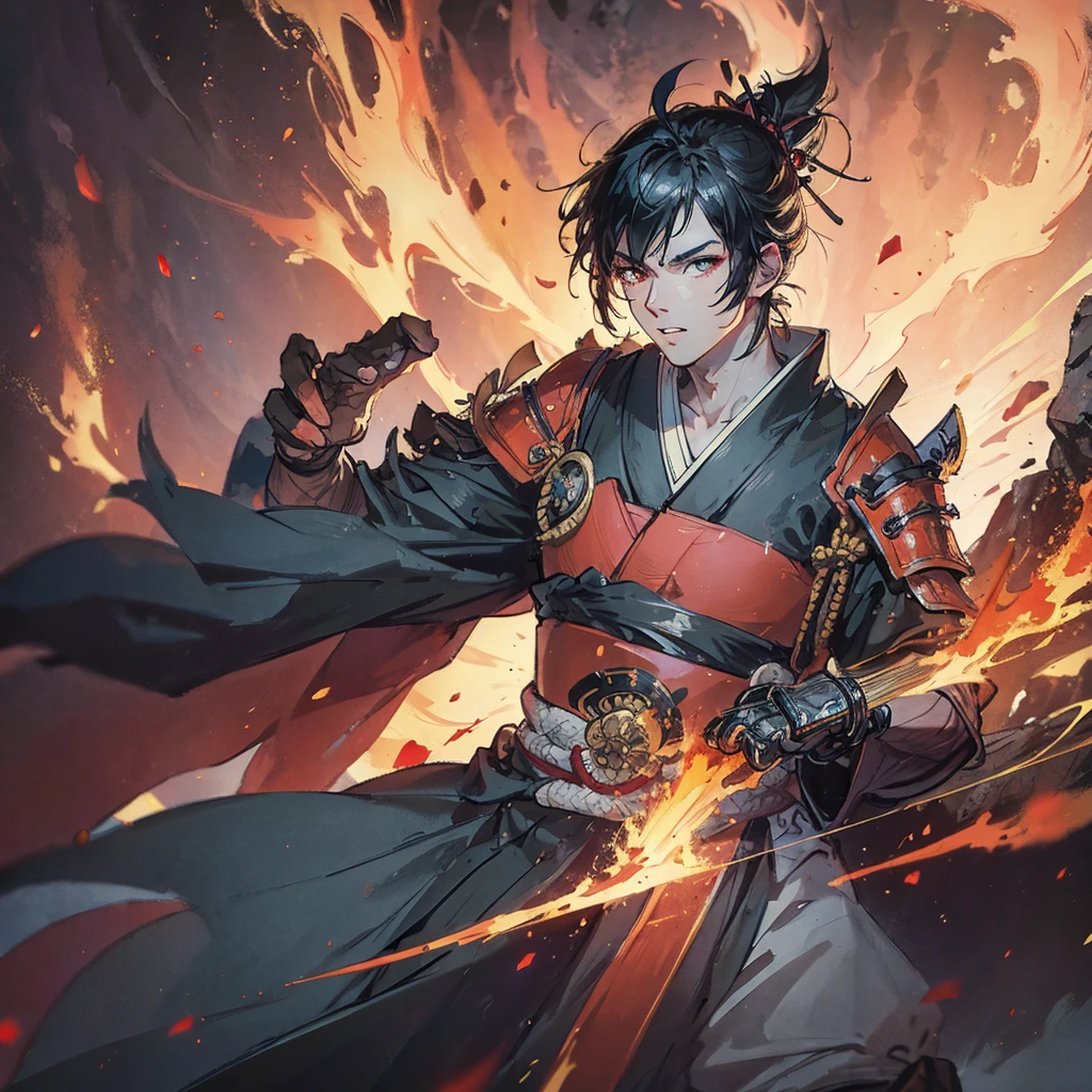 handsome samurai,  8k, hd, unreal engine, fire