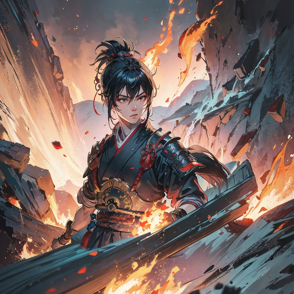 handsome samurai,  8k, hd, unreal engine, fire