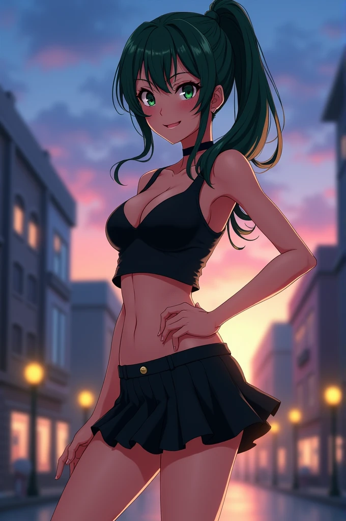 anime girl, masterpiece, high quality, ubel souzou no friren hot, sleeveless black top with armpits neck and belly uncovered, cleavage, short black skirt, legs, perfect full body, accurate anatomy, standing, legs, wearing heels. dark green dence hair ponytail, slightly tilting her neck, one hand on her hips other hand facing up, green eyes, smug smile, seductive face,