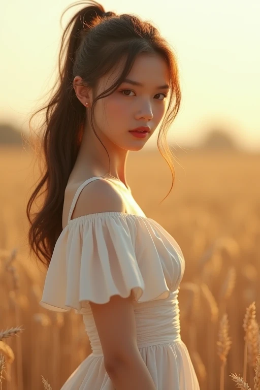 (masterpiece:1.4),, (Highest quality:1.4),, Ultra-high resolution,, 8k, CG,, (Very delicate and beautiful:1.2),, , Upper Body,, From the side,, View your viewers,, , One girl,, alone,, Fashionable Girl,, mature,, , cute, sweet,, , In the wheat field,, Blurred Background,, , Long brown hair,, ponytail,, , Brown eyes,, Mouth closed,, Red lips,, , Face blown by the wind,, , White Dress,, Big Breasts、anime