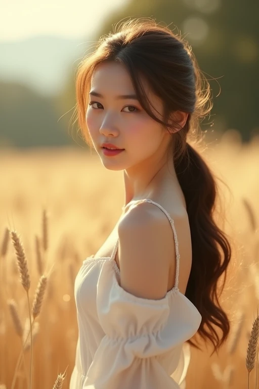 (masterpiece:1.4),, (Highest quality:1.4),, Ultra-high resolution,, 8k, CG,, (Very delicate and beautiful:1.2),, , Upper Body,, From the side,, View your viewers,, , One girl,, alone,, Fashionable Girl,, mature,, , cute, sweet,, , In the wheat field,, Blurred Background,, , Long brown hair,, ponytail,, , Brown eyes,, Mouth closed,, Red lips,, , Face blown by the wind,, , White Dress,, Big Breasts、anime