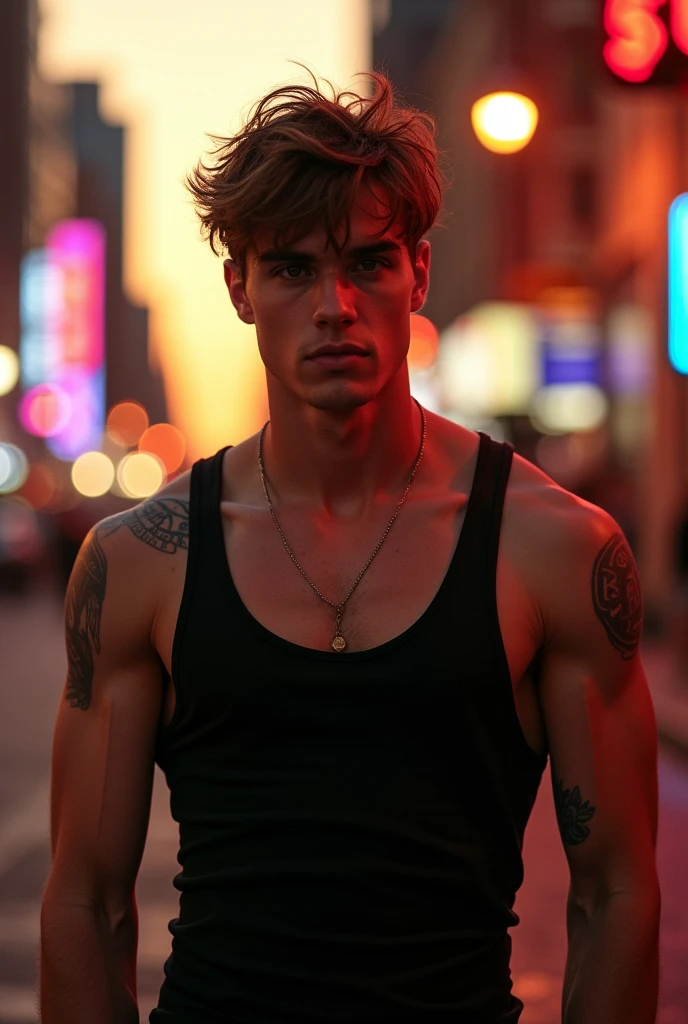 justin bieber merged with timothee chalamet and aaron taylor-johnson, slightly muscled, thick neck, wearing black tank top