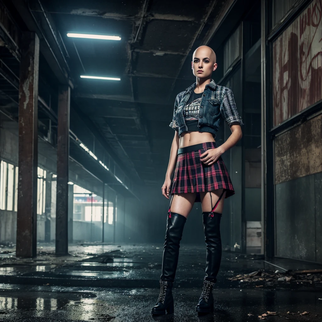 A beautiful bald girl in punk clothing and a plaid skirt, ripped stockings and high boots, hides from the rain in an abandoned building, smoking a cigarette. , It's raining outside, neon evening, realistic portrait sad girl, beautiful bald girl