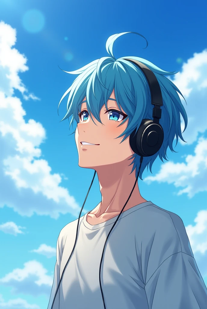 Handsome anime Add headphone  sky blue hair add smile 