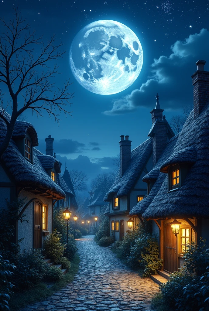Town、Night Sky、star、moon、fantasy