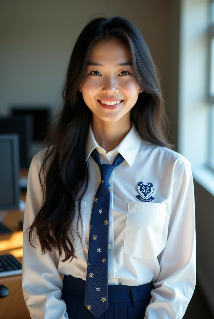 (Masterpiece),(complication:1.3),(Realistic),Portrait of a woman,Small and cute,18 years old,Has a delicate and beautiful Thai face,long black hair,Big eyes,Blue eyes,smiling,be happy,(Wearing a long-sleeved white shirt with a blue Ram patterned tie, alternating with dark blue but with a diagonal blue stripe. The college emblem is located next to the tie.),Wear a short skirt,Wearing a blue student ID lanyard,Look ahead,Passed through her computer,(In a computer room),warm light,Showing some sunlight,Professional photographer in capturing detailed images of young women,Have clarity,dramatic,Awarded globally,Cinematic lighting,(film grain,Blurred background,Blurred background,bokeh,depth of field)