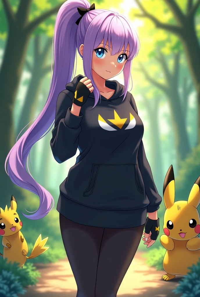 a girl from the Pokémon world in her 20s, of long hair, light purple color, tied in a ponytail with M bangs, thesis clara, light blue eyes, big hips, neither very thin nor very wide, with a B cup bust, a black Umbreon sweatshirt, a black pantaloon, yellow shoes and black fingerless gloves with yellow