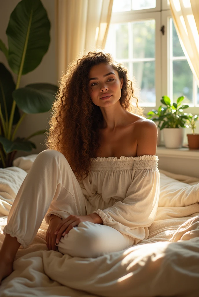 (photorealism:1.2), beautiful woman, sitting on bed, wearing loose off-shoulder top, pajama pants, long curly hair, indoors, soft lighting, plants in background, window with sunlight, cozy room, relaxed pose, realistic, intricate details, warm colors, by Greg Rutkowski, by Alphonse Mucha