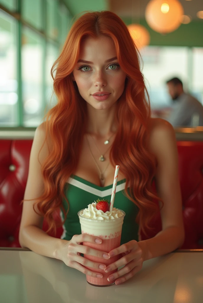 ultra realistic, photography, long red hair, girl, 24 years old, hourglass figure, perfect body, natural medium breasts, Flirty look, extremely detailed artgerm, in the style artgerm, facing the camera, lens 35 mm, blur background, in a 60s diner, sitting at a table, strawberry milkshake, green cheerleader outfit