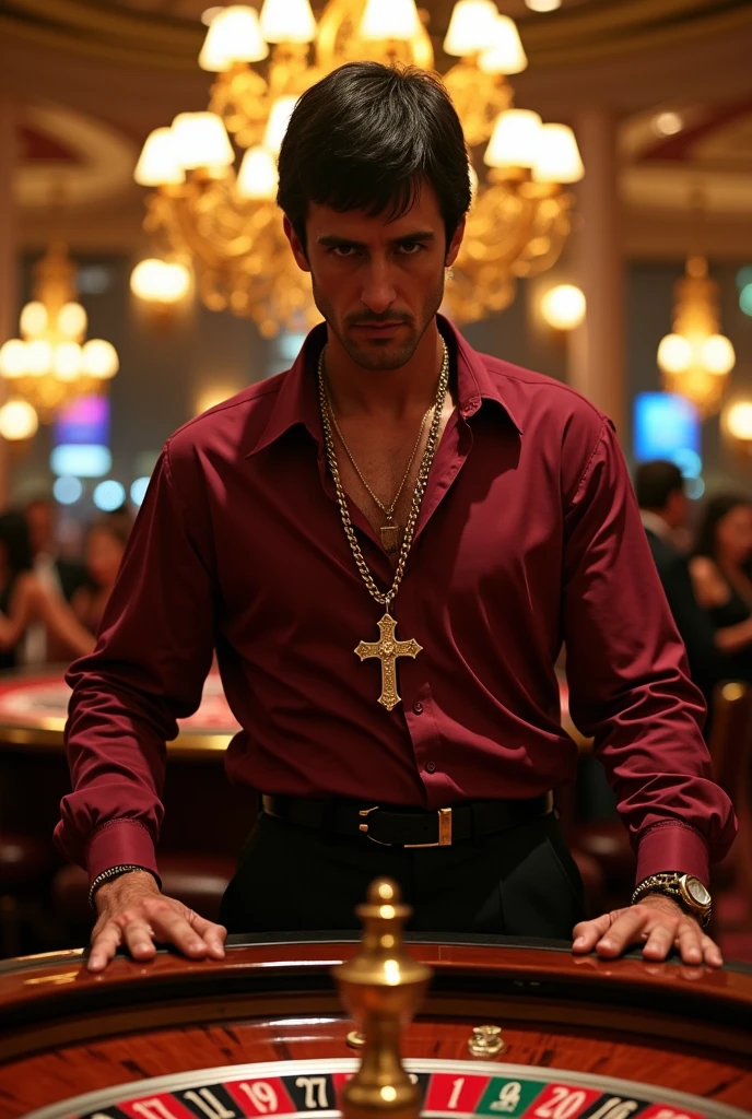 Create Scarface from the movie dressed in a wine-colored shirt, with a twisted regular chain, with a gold cross, in a casino 