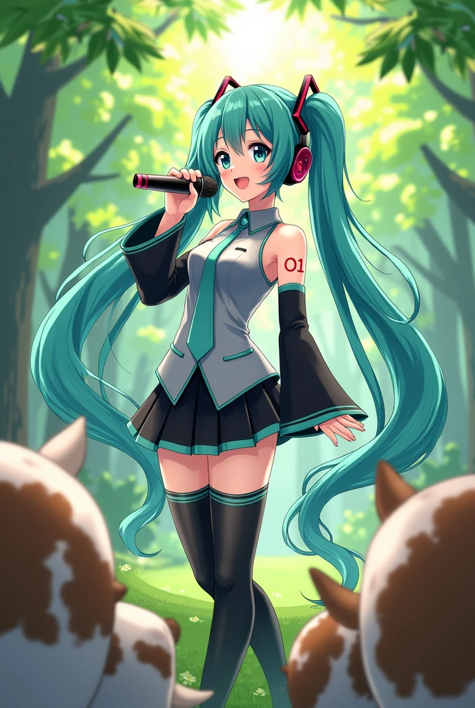 Anime art, anime style, detailed drawing, beautiful forest background background, high definition, high quality, one girl, solo, Hatsune Miku, aqua hair, twin tails, head ornament, headphones, number tattoo "01" (red, located on her right hand), grey sleeveless collared shirt, black detached sleeves with aqua lines, five fingers with aqua nails, aqua necktie, black pleated mini skirt with aqua lines, zettai ryouiki, thigh-high black boots with aqua lines.

Miku Hatsune holding a microphone; she is singing for cows; the cows coke close to her