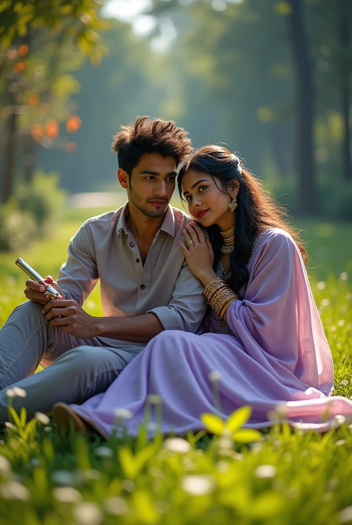 a serene and majestic sitting close up man rest in garden,beautiful girl head holding man chest,girl age 20 years,man age 21 years,girl wearing lavender smooth silk transparent sari,indian golden gemstone silver armament,hair like queen,man ash blue holding flute silver color,few dust small white amber blue day sky,photorealistic,8k,highres,masterpiece,ultra-detailed,physically-based rendering,extremely detailed eyes and face,extremely detailed skin,beautiful detailed eyes,beautiful detailed lips,longeyelashes,hyperrealistic,cinematic lighting,dramatic chiaroscuro,dramatic lighting,dramatic color palette,warm color tones
