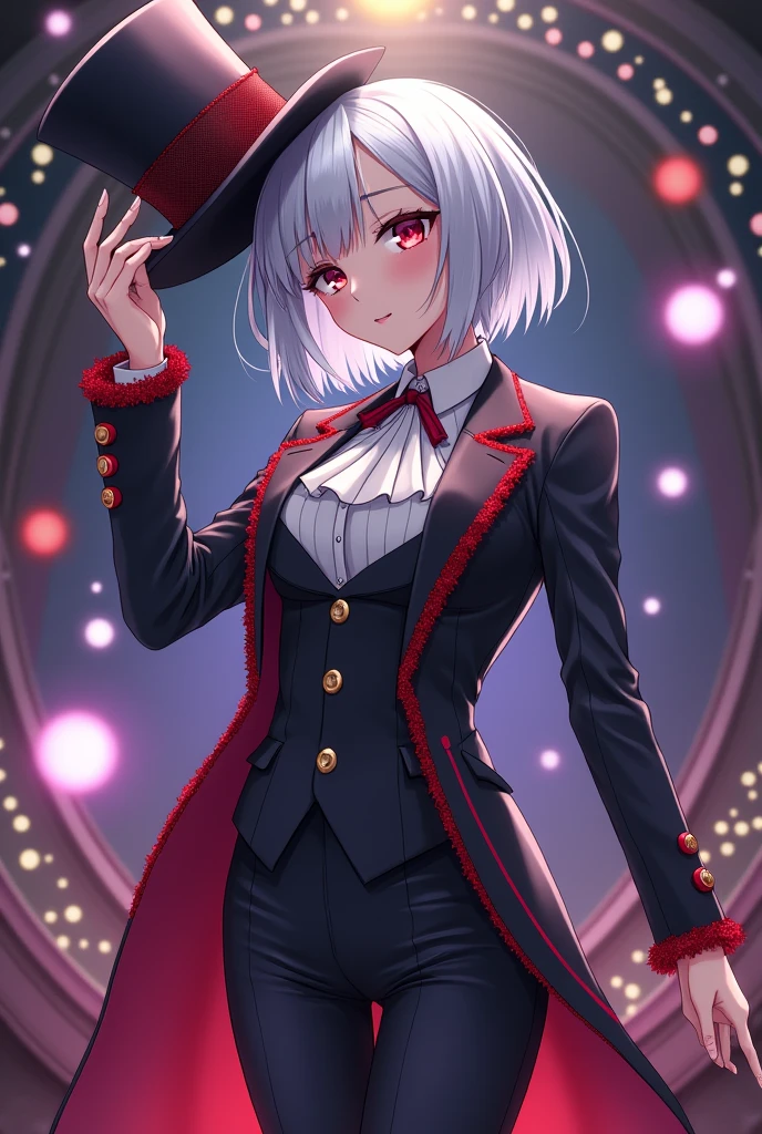 magician、Trump、Silver Hair、young woman、Anime Style、Big Breasts、silk hat、suit、Wolf Cut、Provocative