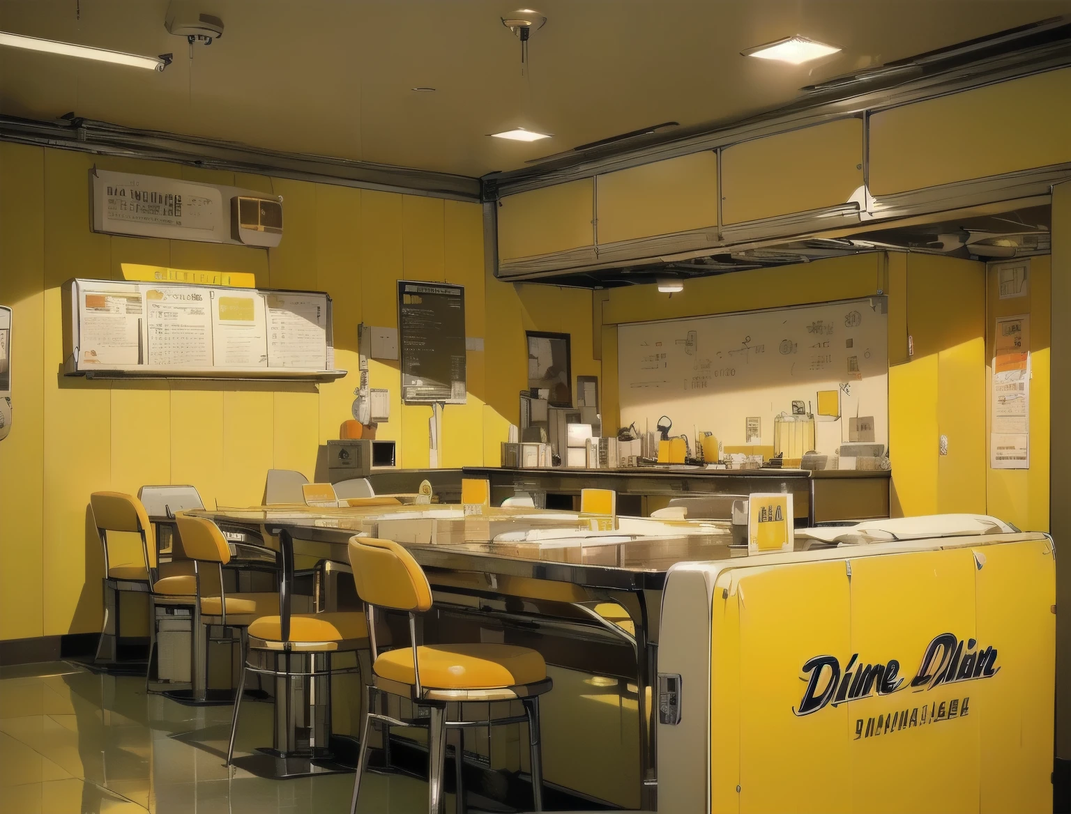 (((Masterpiece, top quality))), (((32K wallpaper))), ultra high resolution, gorgeous light leak, (((backlit))), highly detailed background, top quality, (((((no humans))))), An empty diner、 (((Yellow sign))),  ((((Perfect and detailed tableware and dishes))), (((An ultra-detailed diner)))、Yellow and orange logo