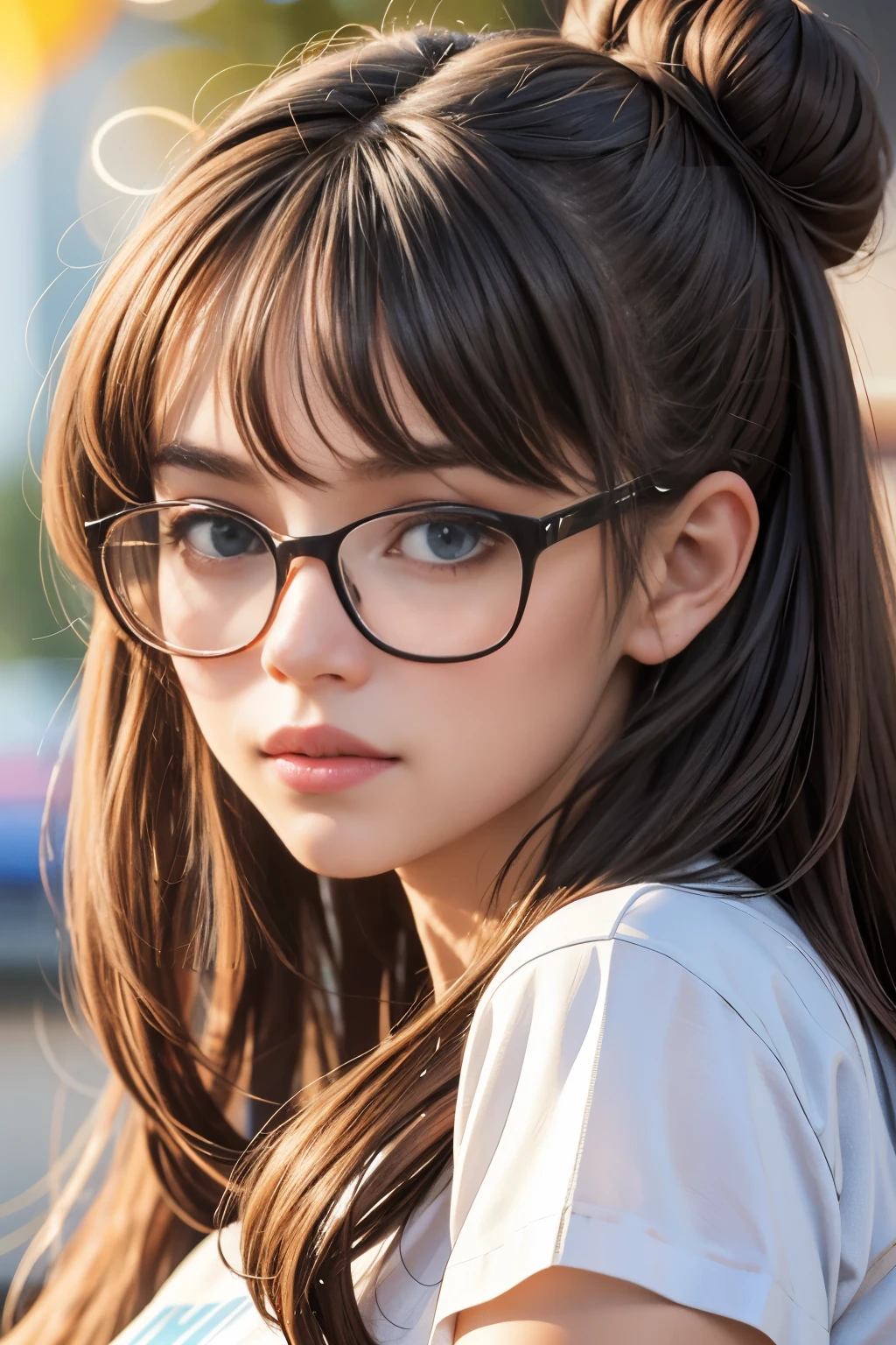 1girl, (skinny body), (flst cheat1.2),long hair with 2 buns and bangs,wearing glasses, cropped white t-shirt printed with big letters, portrait,bokeh