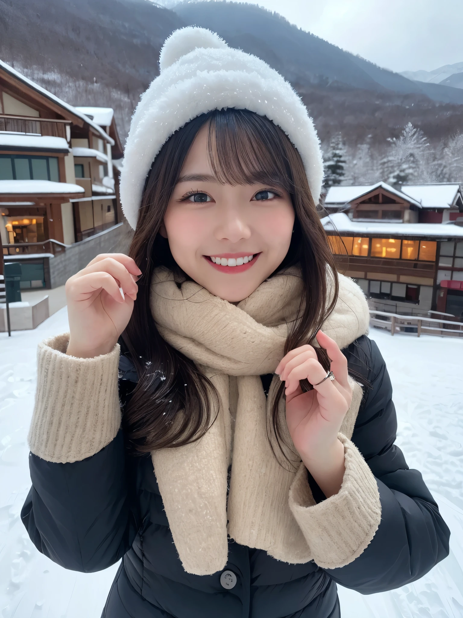 1girl, solo, highres, best_quality, masterpiece, detailed_background, intricate_details, beautiful, hokkaido, niseko, ski_resort, snow, winter_clothes, smile, looking_at_viewer, dynamic_pose, natural_pose, candid, happy