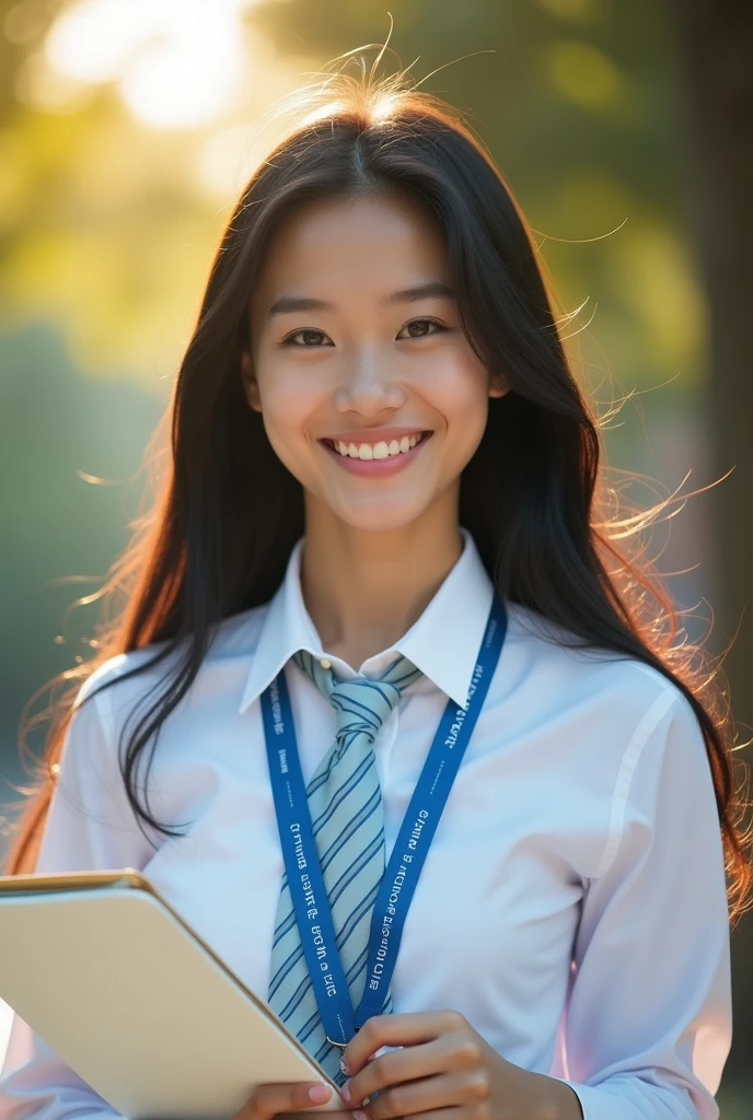 (Masterpiece),(complication:1.3),(The most realistic),((not revealing or provocative)),(Dress appropriately and neatly.),(A student), A portrait of a woman, 18 years old, beautiful face, beautiful faceแบบไทย ,long black hair ,smiling and happy, holding a notebook, ((wearing a white long-sleeved collared shirt)), (wearing a blue lanyard with white lettering), ((Wear a light blue necktie),(The tie has a diagonal cut blue line pattern.)) Dressed simply,warm light, weak sunlight, professional photographer for detailed photos, Have clarity, dramatic, Awarded first prize, Cinematic lighting, (film grain,A blurry background, Blurred background, bokeh, depth of fied)
,(Children under 18 years old can watch.)