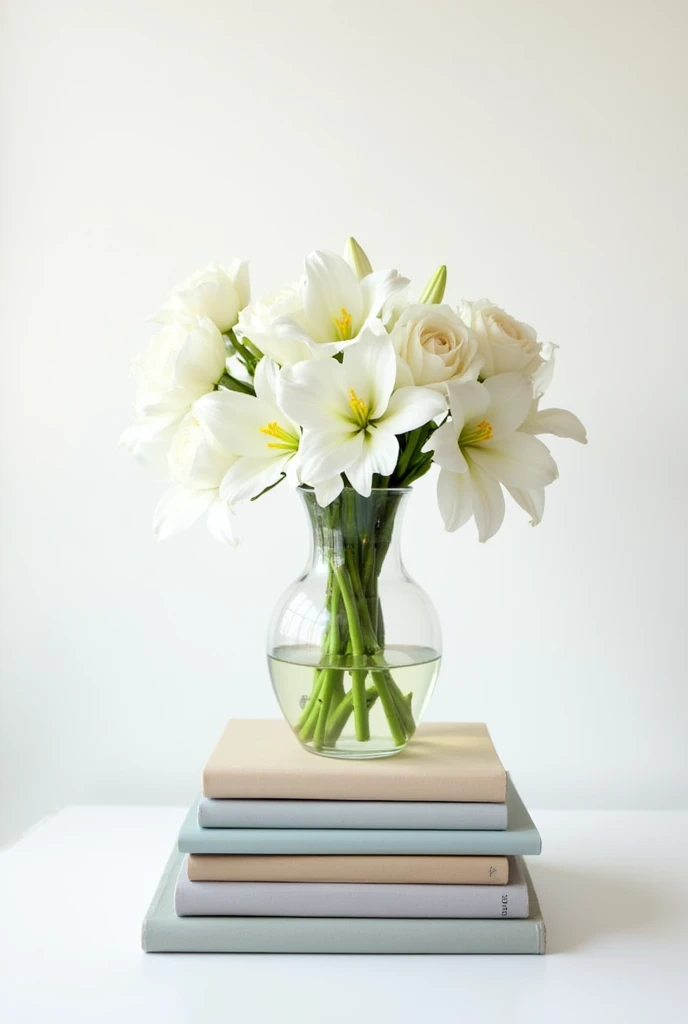 "A sophisticated arrangement featuring a stack of books with soft, muted covers, such as beige, light gray, and pale blue, placed on a clean, white surface. On top of the stack, there is a clear glass vase filled with fresh white flowers, like elegant roses or crisp lilies. The flowers are arranged to gently spill over the sides of the vase, adding a touch of natural beauty. The background is minimalistic and white, keeping the focus on the harmonious blend of the books and the white flowers, creating a serene and refined look."