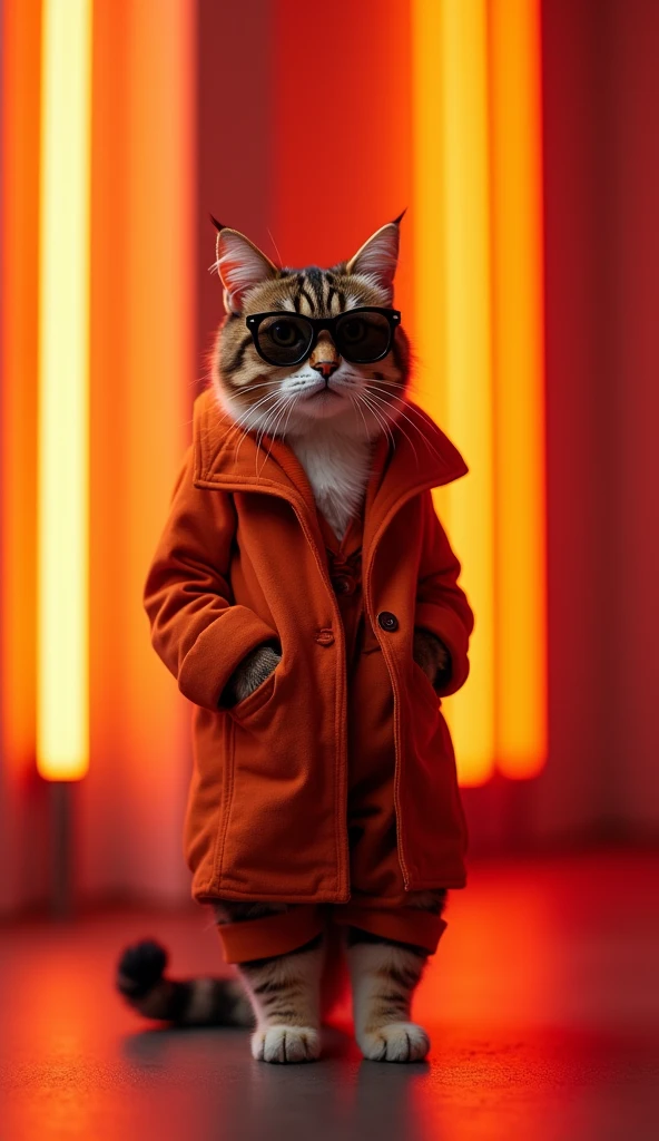 Meilleur fond d'écran mobile, fond d'écran primé, photo du corps entier avec bras et jambes, vue de face d'un chat mignon portant une mode du milieu du siècle, vue latérale, prise avec Canon EOS R5, crée un contraste saisissant qui met en valeur le sujet, les néons. orange, porter un manteau de salon et des lunettes de soleil est à la mode dans les années 1960, vêtements décontractés d'une seule couleur, beau fond, rappelez-vous que le chat a des bras et des jambes

