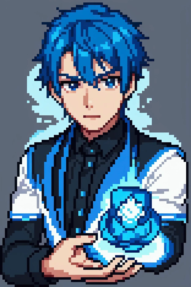 Blue haired boy wearing black clothes with white details, He also has the power to control various elements