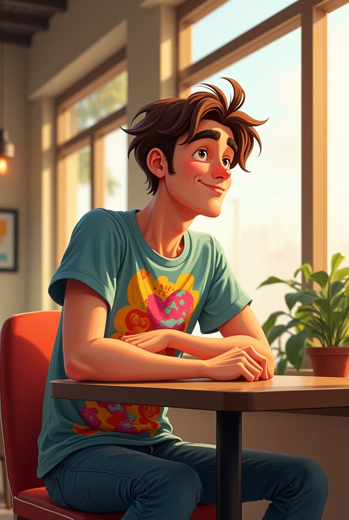 Create a character wearing a tshirt and sitting on the chair and a table on front him