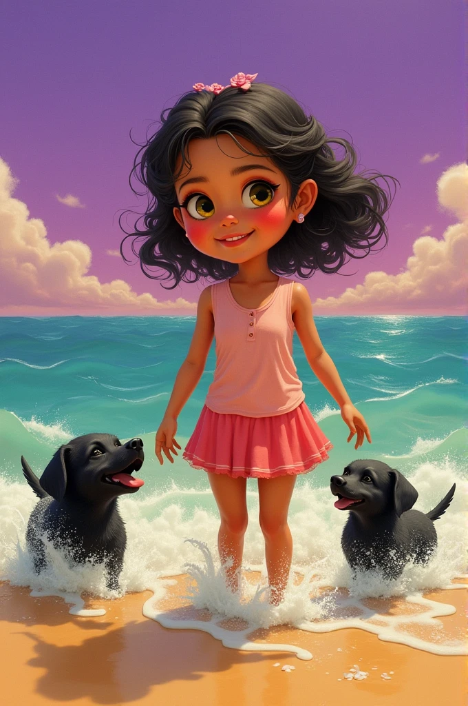 orange lips,
a pair of yellow eyes,
dimples in red cheeks,
And her smile says it all,
purple sky,
A pair of green hands walk in the water,
And the black dogs are playing in the sand