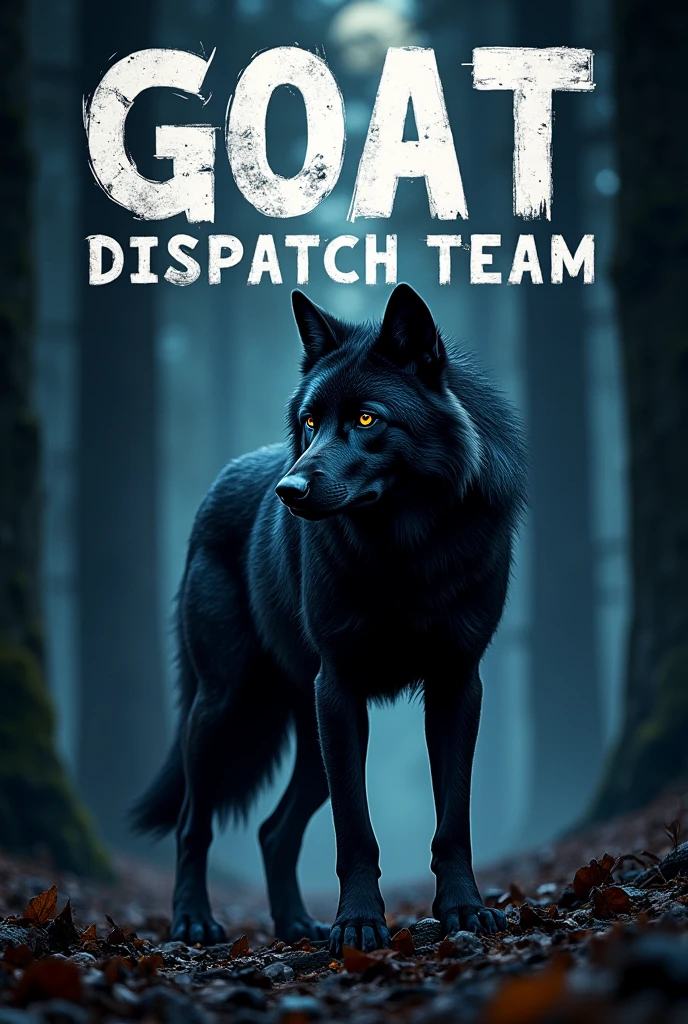 Black serious wolf under letter “GOAT DISPATCH TEAM”