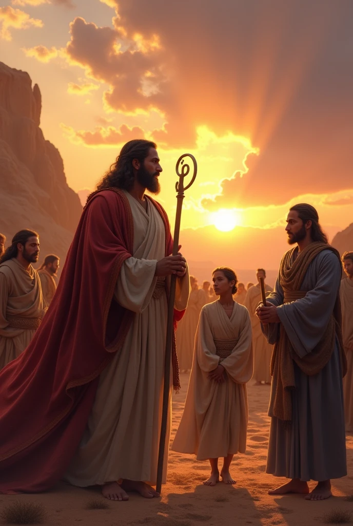 (Photorealism:1.2) Moses performing miracles ,Great Moses, Moses the Leader. Great Moses와 아내 십보라, Moses with his two sons who have become young men, Moses meeting with the leaders, Moses with the priests and Eldad