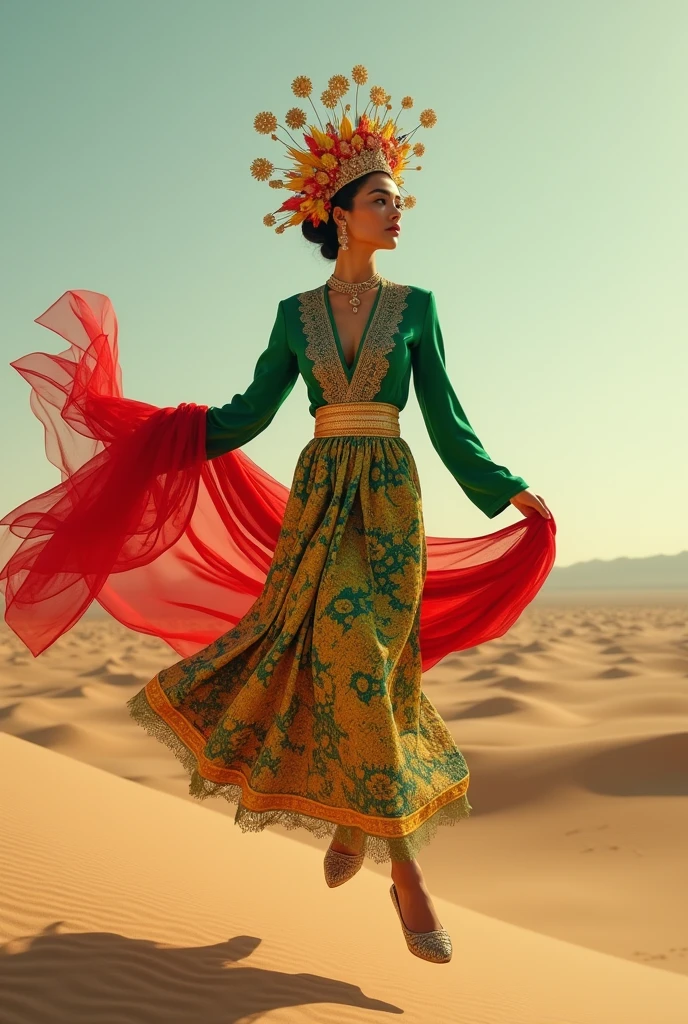 indonesian women floating mid - air in the desert, light, shadows, rippling reflections, steam, epic composition, intricate, elegant, volumetric lighting, sharp focus, wear blouse green color with gold details. A red scarf wraps around one shoulder and around the body. The lower skirt has a complicated pattern with dominant yellow, green and red colors, resembling a batik design. A gold belt tightens around the waist. The dancer wears a headdress with floral decorations and round elements on the on. This crown adds a royal impression to your appearance. hoght detailed