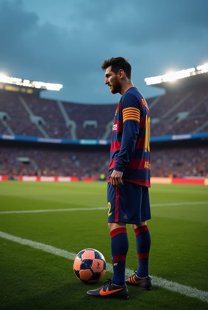 Football ground without any palyer acept Lionel Messi. Messi is in front of camera with a football
