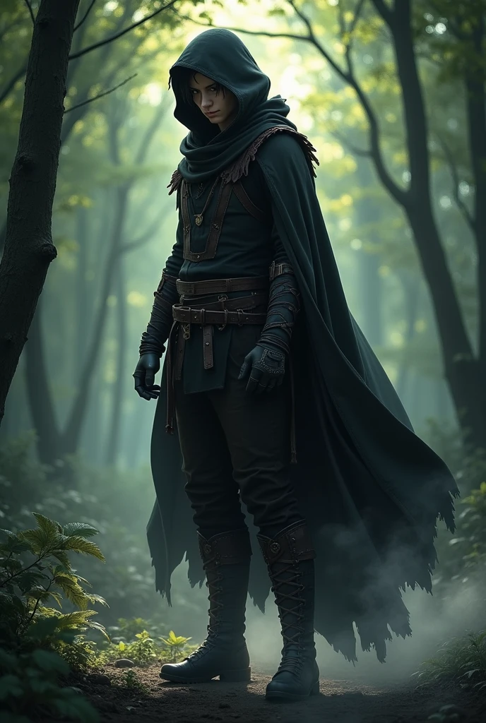 Draw a man who looks like Kirito, wearing a tattered hood that hides his eyes. He should be lightly equipped and handsome.