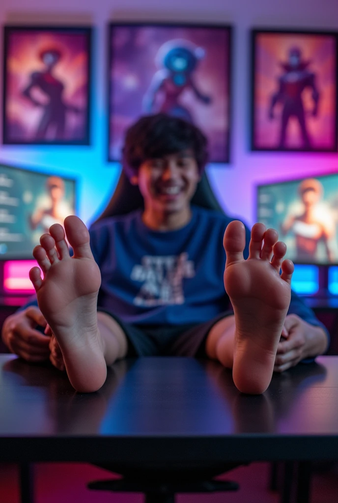 Faker League of legends player showing his Bare feet on a Desk. 
Feet over the table 
5 toes each feet 

Faker is a professional lol player but now he is showing his feet
He's being tickled in his feet 
He's laughing 