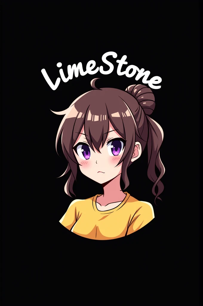 Gaming Logo for "LimeStone" , Gamer , black background , styled white font , Anime girl , brown with white highlight hair colour , hair bun style , yellow T-shirt , purple eyes , empty eye lens , uncaring eye , smirk
