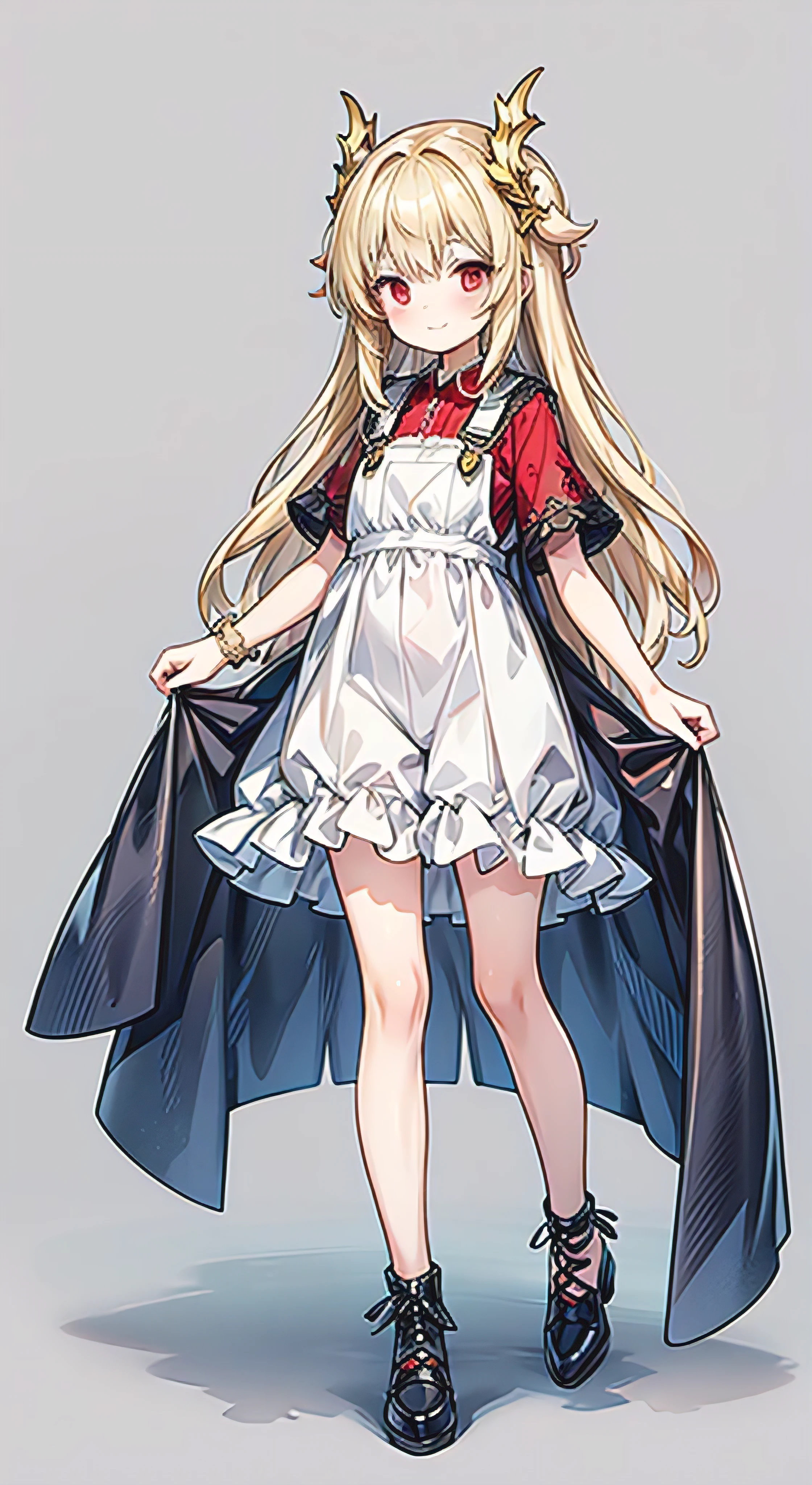 Head to Toe,whole body,Overall image, looking at viewer, upright, arms at side, concept art, A young woman with long light blonde hair is standing facing forward。, alone, Red Eyes, smile, simple background, blush, bangs, Wearing lace-up shoes, wrist set, Dragon Princess