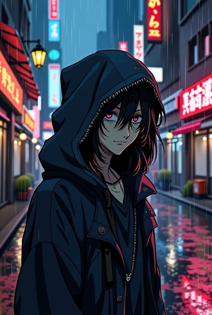 An anime-style man wearing a tattered hood that hides his eyes.
