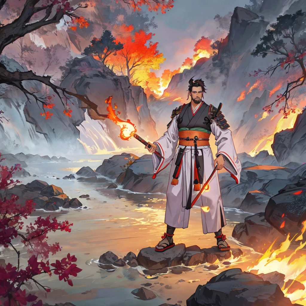 handsome samurai, 8k, hd, unreal engine, fire