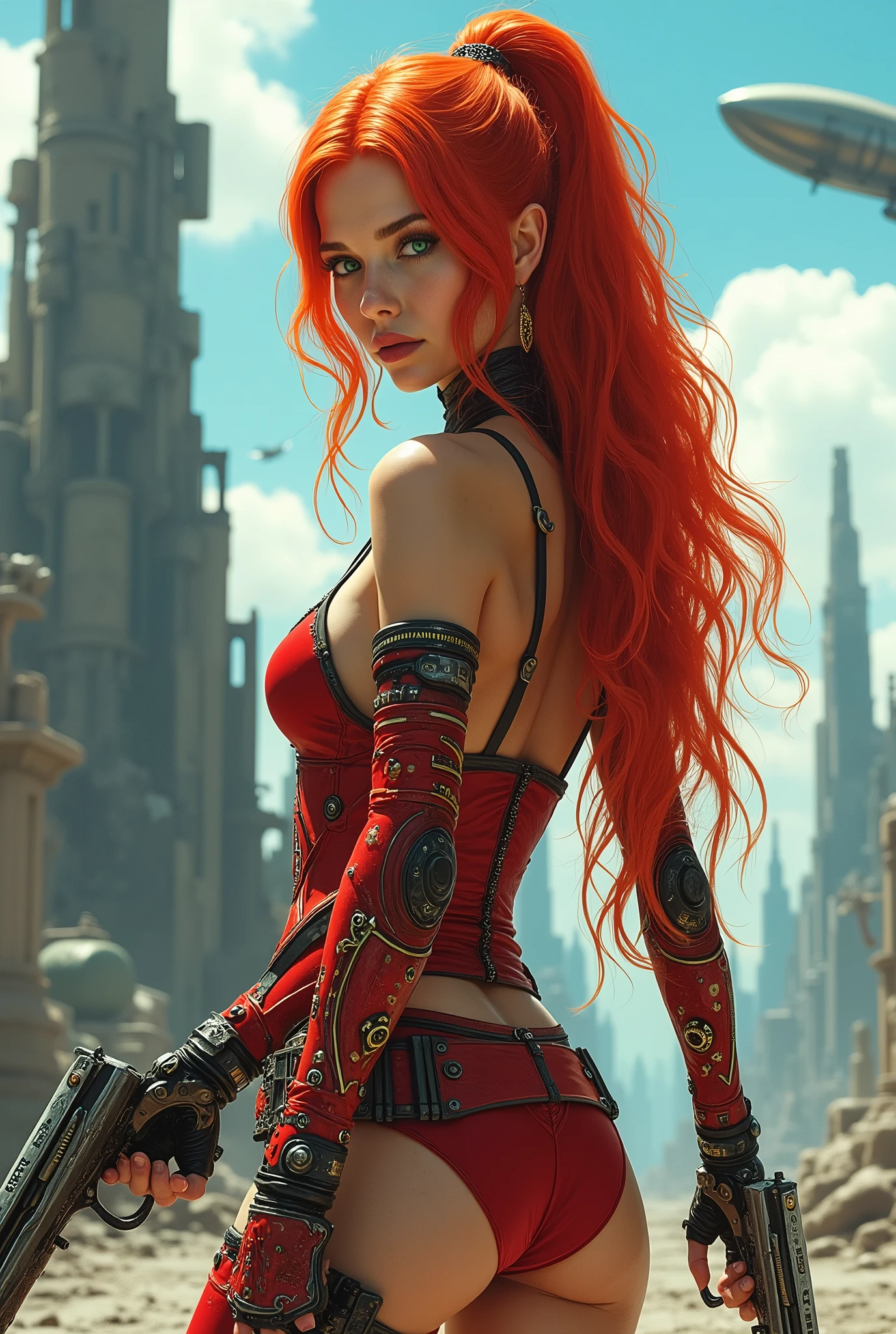 A cyborg hybrid, '1girl', stands confidently from the side, her long, full bright red hair cascading down her back like a fiery waterfall. Her piercing green eyes gleam as she holds two steampunk handguns at the ready in her mechanical arms. The intricate red corset accentuates her toned physique. In the background, a dystopian cityscape unfolds, with steampunk aircraft soaring through the clear blue sky. Her mechanical legs and prosthesis are showcased as she strikes an action-packed pose.