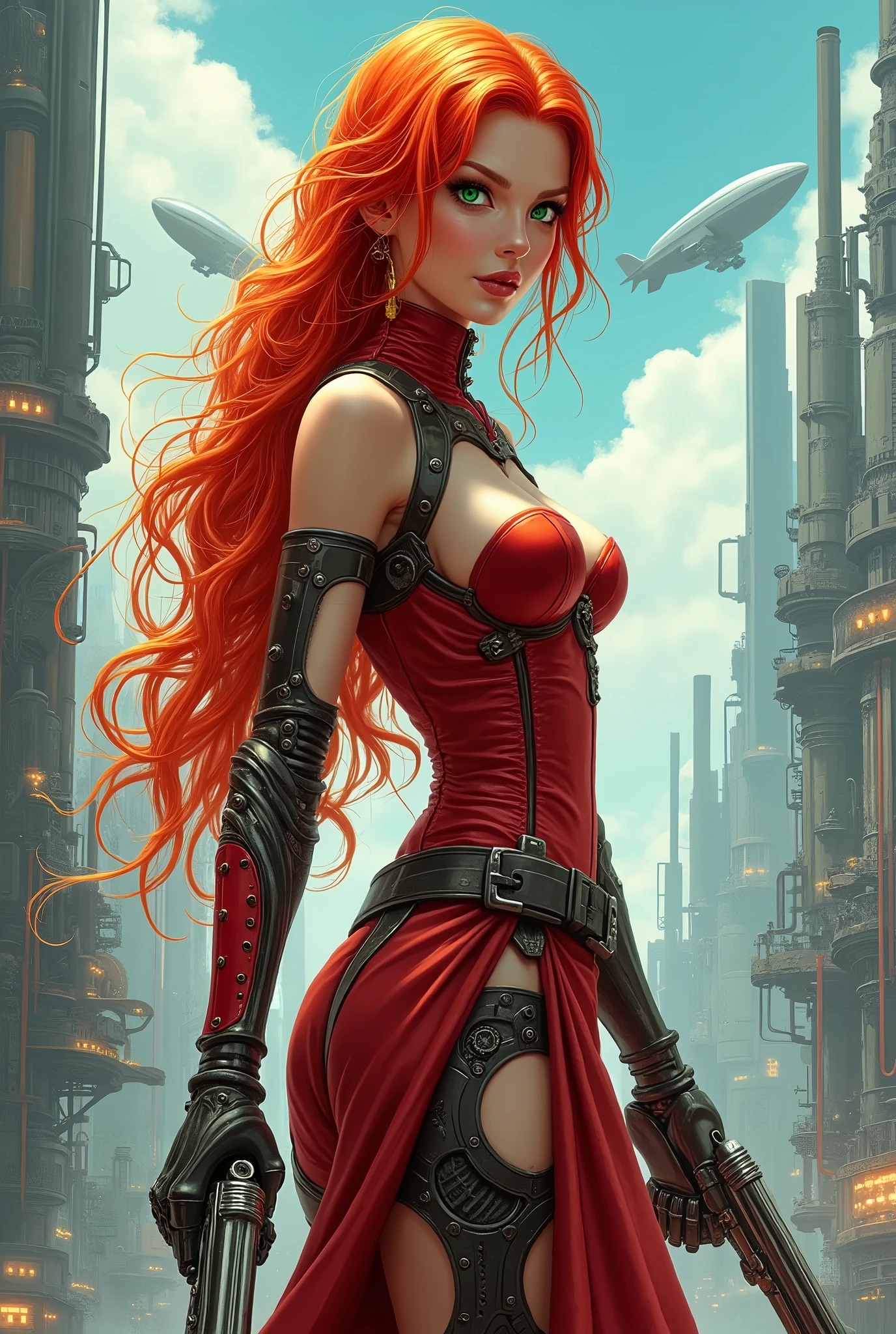 8k,realistic skin texture、superrealism、realistic photo、beautiful girl, beauty prodigy, a beautiful goddess, golden proportions, 25 year old caucasian girl, origin of northern europe, detailed face, attention detail of the face, pink full lips, long curly orange-red hair that falls in ringlets over his abundant chest, big chest, narrow waist, proportionate and sexy ass, fit, fitness, powerful thighs, A futuristic cybernetic soldier stands among the rubble.Damaged heavy plate camouflage black metal armor inspired by the mix of Evangelion and Iron Man model MarkVII、Skull tattoo on right thigh. Blue and red LEDs illuminate and decorate the combat armor、Heavy combat armor, dirty, Unit paint and identification number. Metallic combat gloves with LED lighting details, peeling paint、oil stains、energy rifle、Fighting spirit、Detailed description、dynamic pose、challenging, armadura muy dirty y dañada por el combate deja ver partes de su cuerpo,NSFW, Stretched foreshortened looking at the viewer, angry look