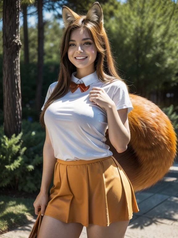 ((Highest quality, 8k)), ((masterpiece)), (Highest Resolution), Perfect Face, Fox Woman, Female college student, Beautiful woman, Outdoor, One tail, she has thick thighs, Her large tail, She has a yellow fox tail., She wags her tail, Smiling with teeth showing, Fur collar, She is wearing a short skirt, Beautiful Hips , The skirt is rolled up with a fox tail.