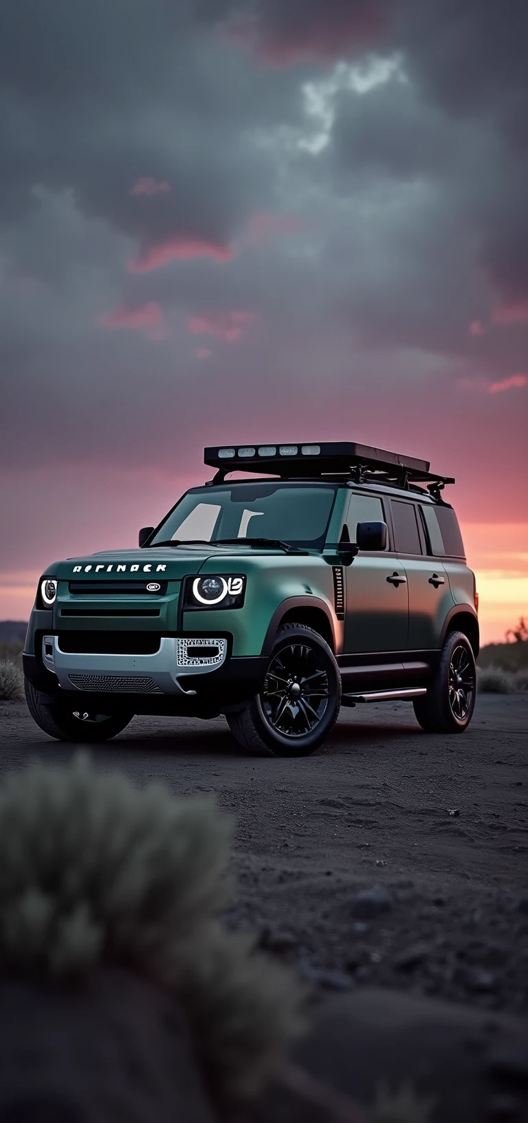 A wide long shot photography capture full body of Brand new ((full option)(land rover defender 110 model 2024)) 5 door defender in dark greenish colour and (ceramic coating help shining body) with defender roof carrier and side ladder.((front two tyre with Diamond cut alloy rims are semi turned).semi lowered vehicle). Dark violet sky and dark grey soil.
