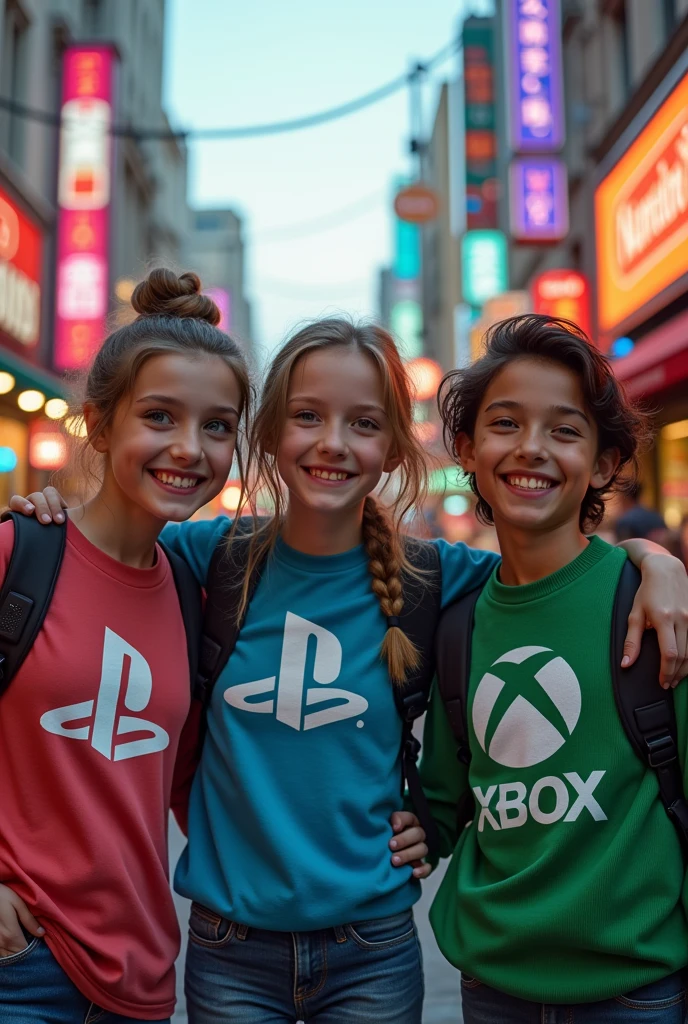 A girl wearing a t-shirt with the PlayStation logo on it accompanied by a boy friend wearing a sweater with the Xbox logo and a girl wearing a t-shirt with the Nintendo logo as well as a boy friend wearing a hoodie with the manga version of the steam logo