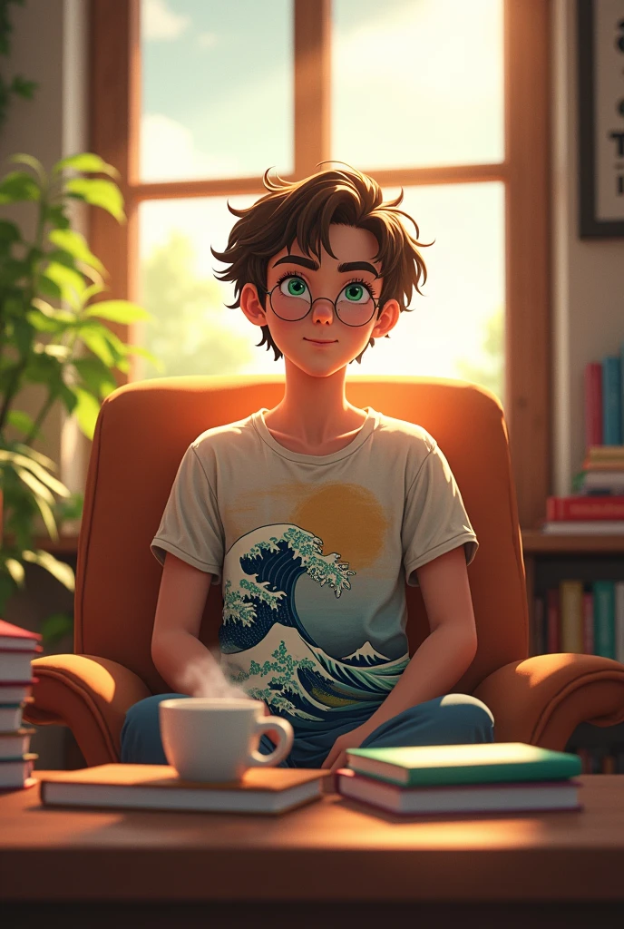 Create a character wearing a tshirt and sitting on the chair and a table on front him and his sitting position is front of camera 