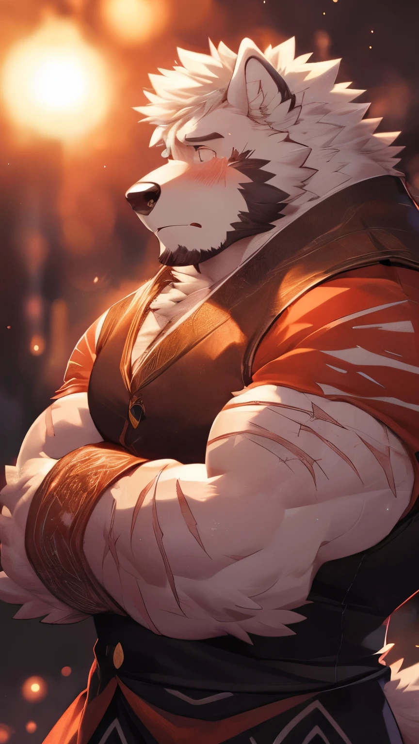 human nature, wild animals, male, 36 years old，uncle，solitary, ((Round Face, The face is plump,  Orange Eyes, Thick white hair，Scars)), ((Endomorph, Handsome，Hot Blood)), （Mecha suit，no electricity，exhausted), ((domestic white wolf, Wolf Orc) Fluffy fur, Fluffy, White Stripes),  (wolf print), Bokeh, (high quality, high resolution, masterpiece), (Dynamic Lighting, Vibrant colors), (sad，Tears，blush), Full body pictures (Vision), cartoon, author：Takemoto Arashi, From Zixiong, author：Chunni, author：Ethereal，（background：Rainforest）