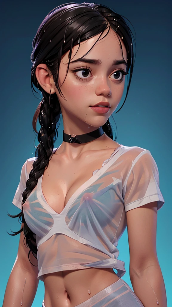 one girl, solo, (open stomach, bare stomach:1.3), slender body, fit body, (upper body, bust:1.2), (black eyes:1.3), black hair, (two cute braids:1.2), masterpiece, highly detailed, look at viewer, front view, (small breasts, tiny breasts, male chest, exposed breasts, deep cleavage:1.5), (transparent white t-shirt, wet t-shirt, choker:1.4), (studio lights, blured background, glowing edges of image, shiny blured background, gradient sprayed background, colorful background:1.3), expressing joy, (nipples:1.1)
