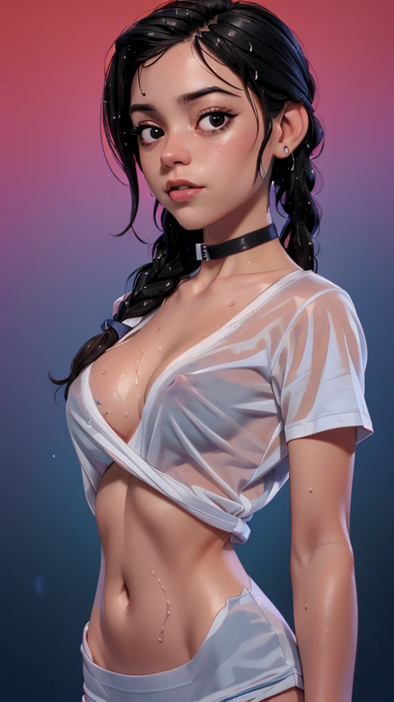one girl, solo, (open stomach, bare stomach:1.3), slender body, fit body, (upper body, bust:1.2), (black eyes:1.3), black hair, (two cute braids:1.2), masterpiece, highly detailed, look at viewer, front view, (small breasts, tiny breasts, male chest, exposed breasts, deep cleavage:1.5), (transparent white t-shirt, wet t-shirt, choker:1.4), (studio lights, blured background, glowing edges of image, shiny blured background, gradient sprayed background, colorful background:1.3), expressing joy, (nipples:1.1)