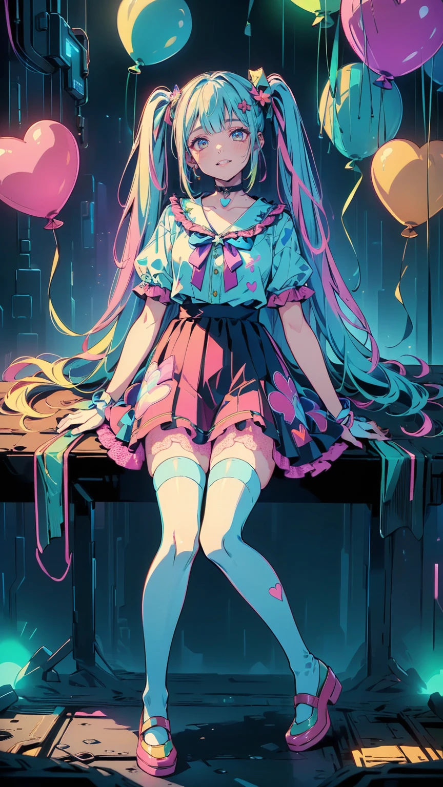 Expressive eyes, One person, Pale skin, Long Hair, Windblown Hair, ((absurdly Long Hair)), Long Side Lock, Princess bangs, Hair bangs, Hair Bun, ((Very long twin tails)), Rainbow Hair, Light pink hair, blush, full face blush, big sparkling Pastel Purple eyes, (Gradient Eye), Laughing with your mouth open, cute pose, ((Holding a balloon : 1.3)) ((cute and pastel fashion)) ((🎈🎉 theme : 1.4)) A loose pastel dress, ((Dreamy multi-colored open dress)), (Floating ribbon), Lavender Frill, Pink frills, (Light blue lace), Removable short sleeves, Fluffy skirt, ((Rainbow and star printed skirt : 1.3)), Data skirt, Purple ribbon, ((pom pom ribbon hair ornament : 1.4)), Multiple Bows, Striped lace stockings, (heart型のレッグガーター), cute (Pastel Purple) shoes ((Ultra-detailed clothing and fashion)) I&#39;m watching you, Vintage Girl, blush, (Beautiful attention to detail), (Highly detailed CG Unity 8k wallpaper) (Best Shadow), ((Very delicate and beautiful)), (Detailed light), ((Depth of written boundary)) Big Head, Big, bright eyes, Moe, Splash Art, Cinema Lighting, Front view, Volumetric lighting Maximalist photo illustration k resolution High resolution Intricate detailed complex key visuals Accurate linear ((Dreamy pastel sky background, Surrounded by sunset clouds, shooting star, Castle above the clouds)) ((Ultra-detailed landscapes, Foggy clouds, Hung by balloons, heart : 1.3))
