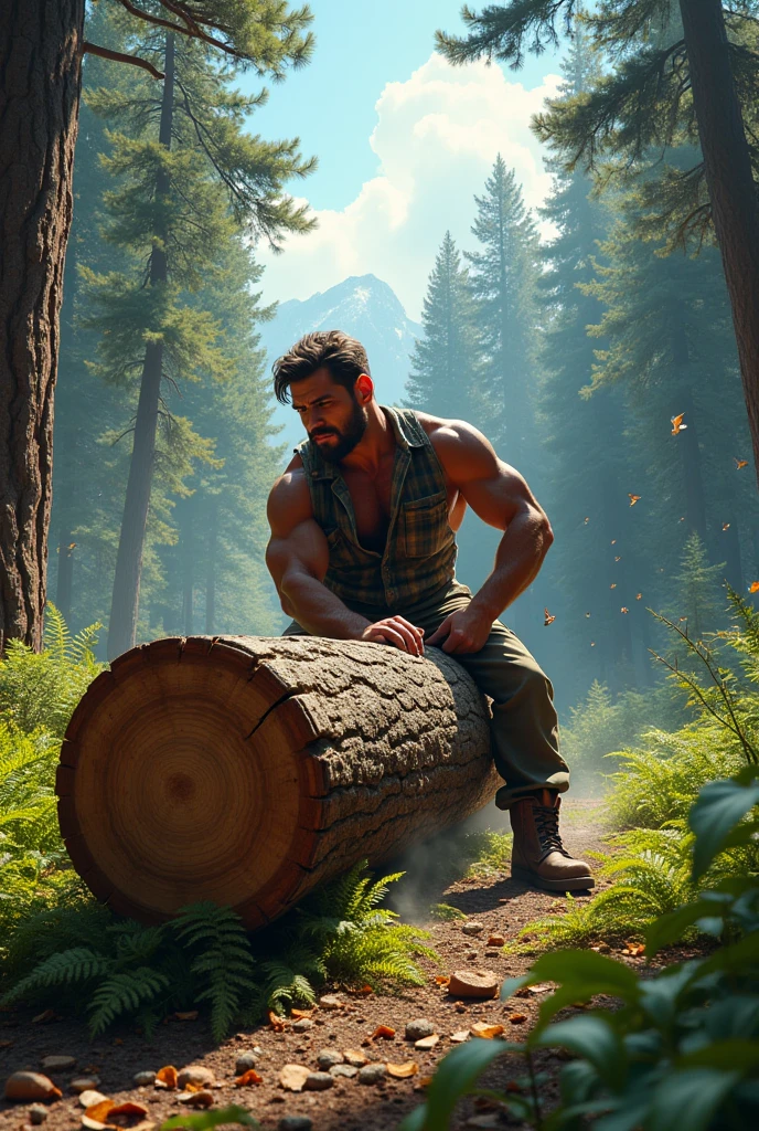 A man laying down a huge tree